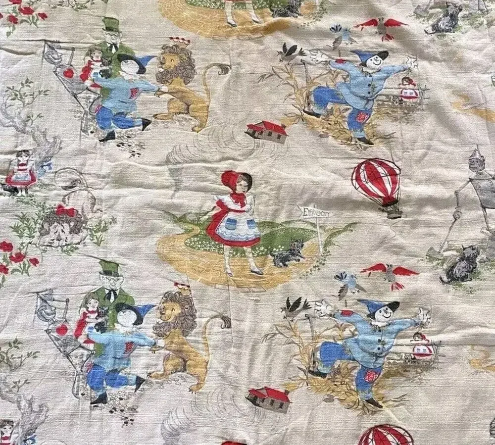 Vtg Wizard Of Oz Blanket Barkcloth Dorothy Toto Scarecrow Lion 40
